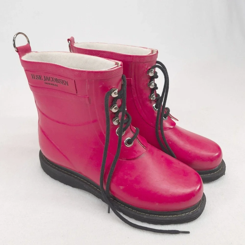 Ilse Jacobsen Rain Boots Red Sz 38 Lace Up Waterproof Fleece Lined Danish Design
